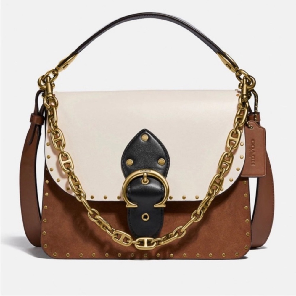 COACH beat shoulder bag in color-block with rivets - brass/vintage khaki multi
